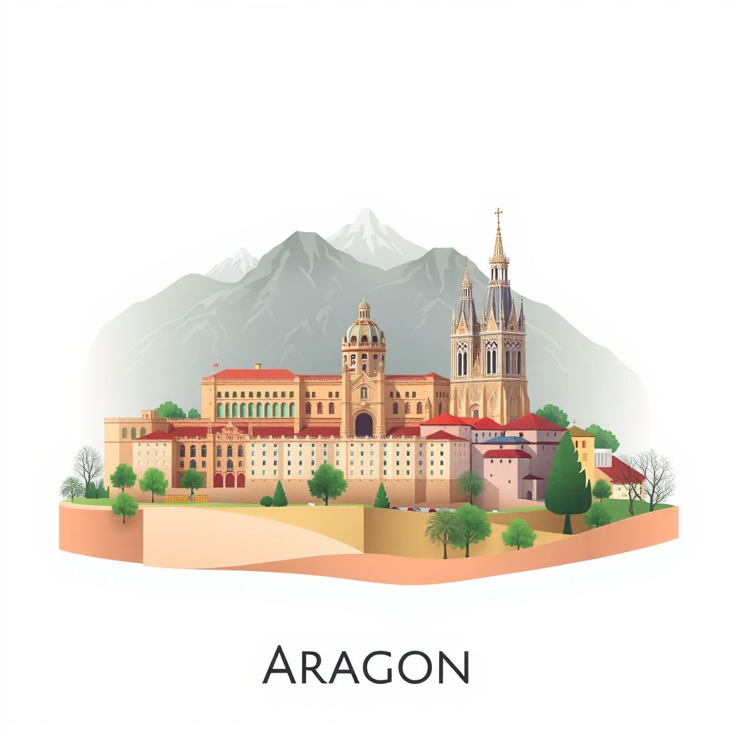 Gradient illustration style image of Aragon, Spain, featuring the Aljafería Palace, the Cathedral of La Seo, and the Pyrenees mountains.