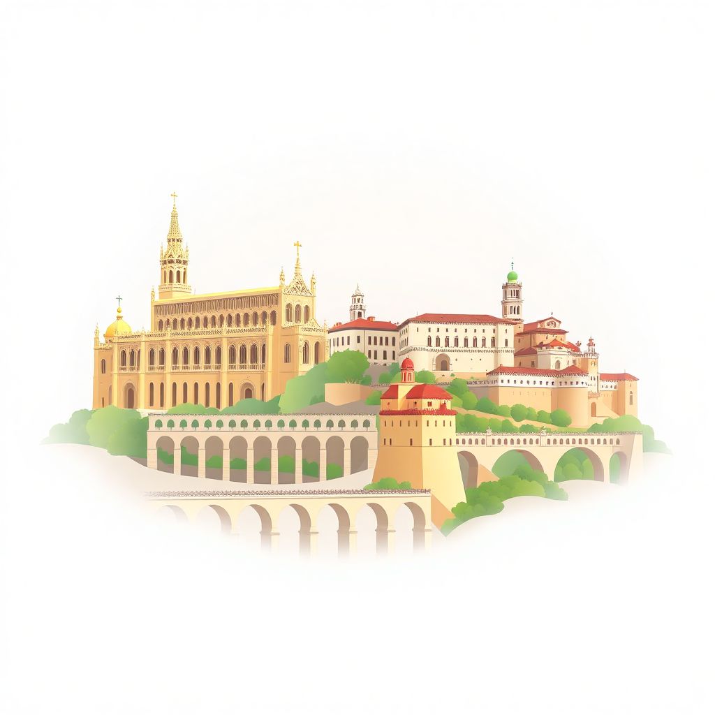 Ultra-high-definition gradient illustration style Castilla y Leon illustration, showing the unique charm of the Cathedral of Leon, the Aqueduct of Segovia, and the Alcazar of Segovia.