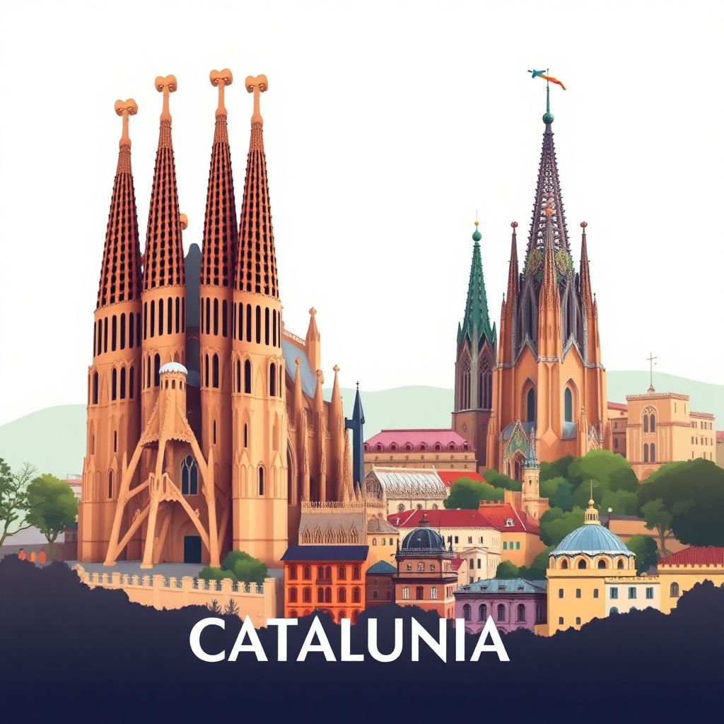 Ultra-high-definition gradient illustration style Catalunya illustration, showcasing the unique charm of the Sagrada Familia, Park Guell, and the Gothic Quarter.