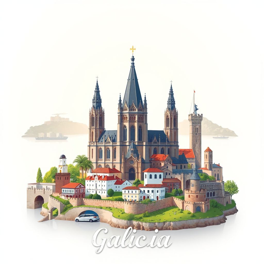 Ultra-high-definition gradient illustration style Galicia illustration, showcasing the unique charm of the Cathedral of Santiago de Compostela, the Tower of Hercules, and the Cíes Islands.