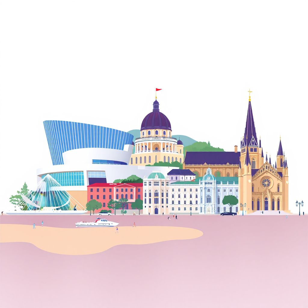 Ultra-high-definition gradient illustration style Basque Country illustration, showing the unique charm of the Guggenheim Museum Bilbao, La Concha Beach, and the San Sebastián Cathedral.