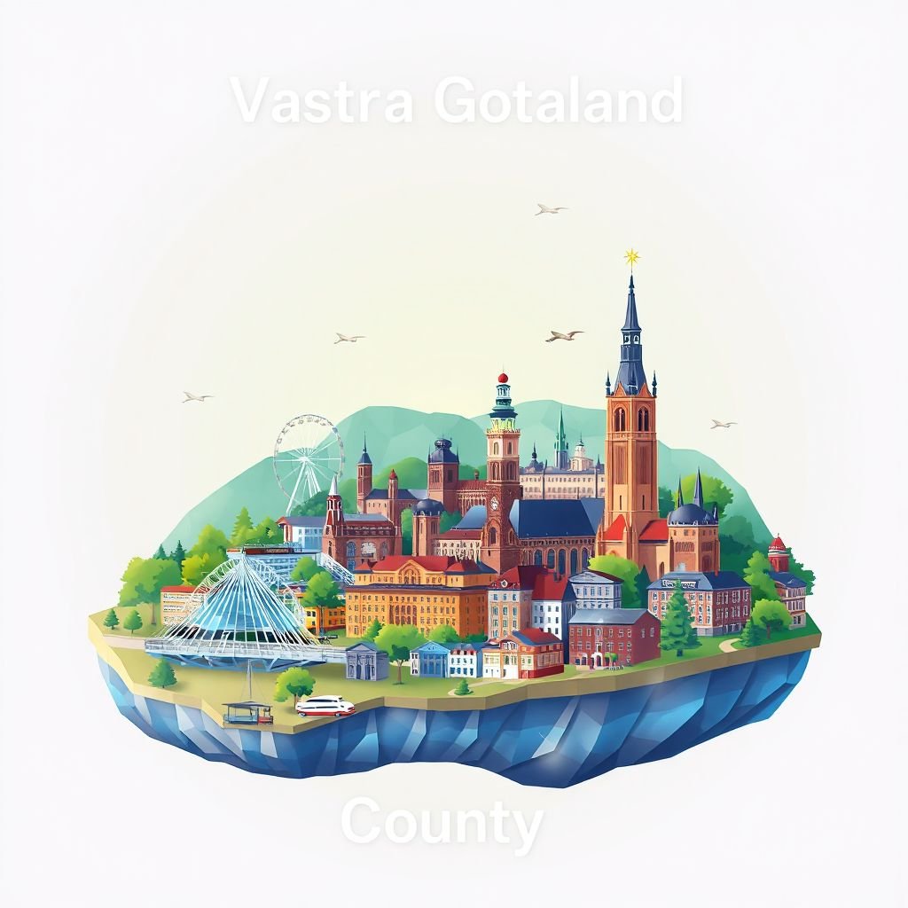 Ultra-high-definition gradient illustration style Vaestra Goetaland County illustration, showing the unique charm of Liseberg Amusement Park and Haga District.