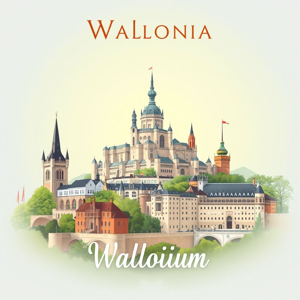 Ultra-high-definition gradient illustration style Wallonia illustration, showcasing the Citadel of Namur and the Mardasson Memorial.