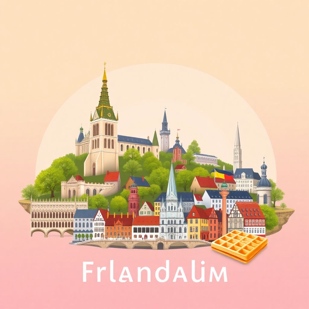 Ultra-high-definition gradient illustration style Flanders, Belgium illustration, showing the unique charm of the Gravensteen Castle, the historic city of Bruges, and Belgian waffles.