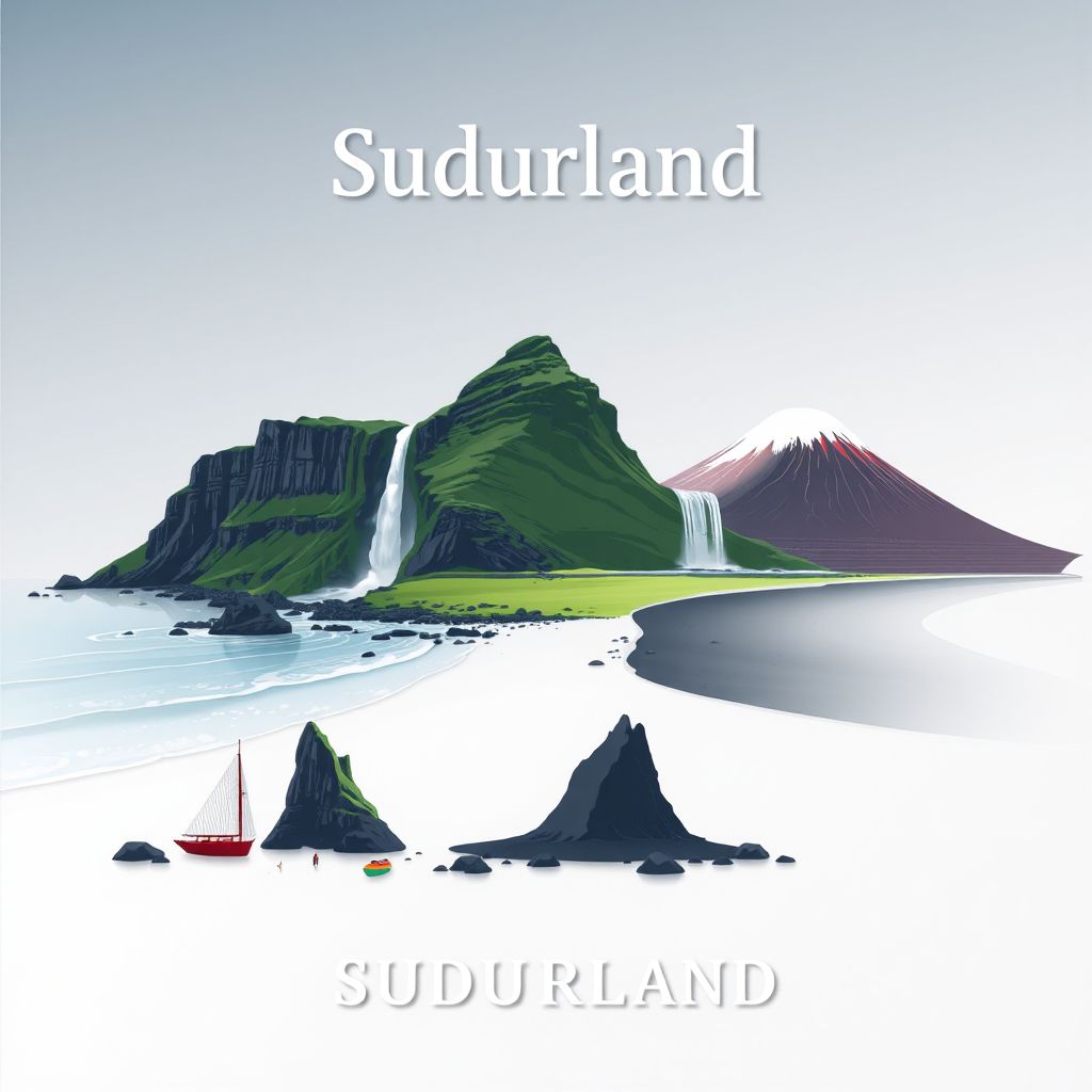 Ultra-high-definition gradient illustration style Sudurland illustration, showing the unique charm of the Seljalandsfoss Waterfall, the Eyjafjallajokull Volcano, and the Reynisfjara Black Sand Beach.