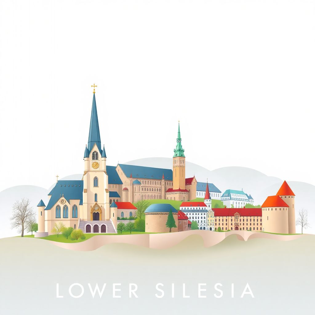Ultra-high-definition gradient illustration of Lower Silesian Voivodeship, showing the Peace Church in Świdnica, Książ Castle, and the Racławice Panorama.