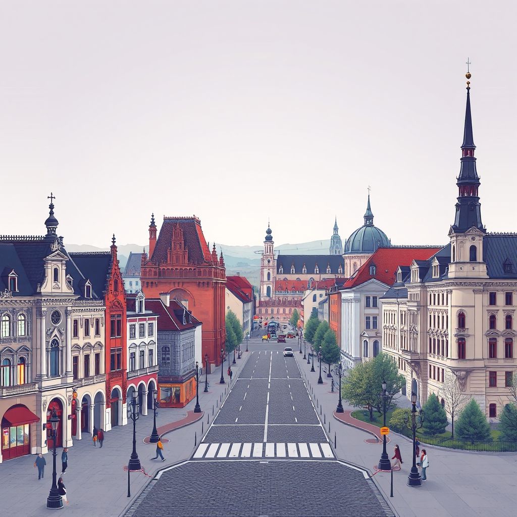 Ultra-high-definition gradient illustration style Lodz Voivodeship illustration, showing the unique charm of Piotrkowska Street, Manufaktura, and the Izrael Poznanski Palace.