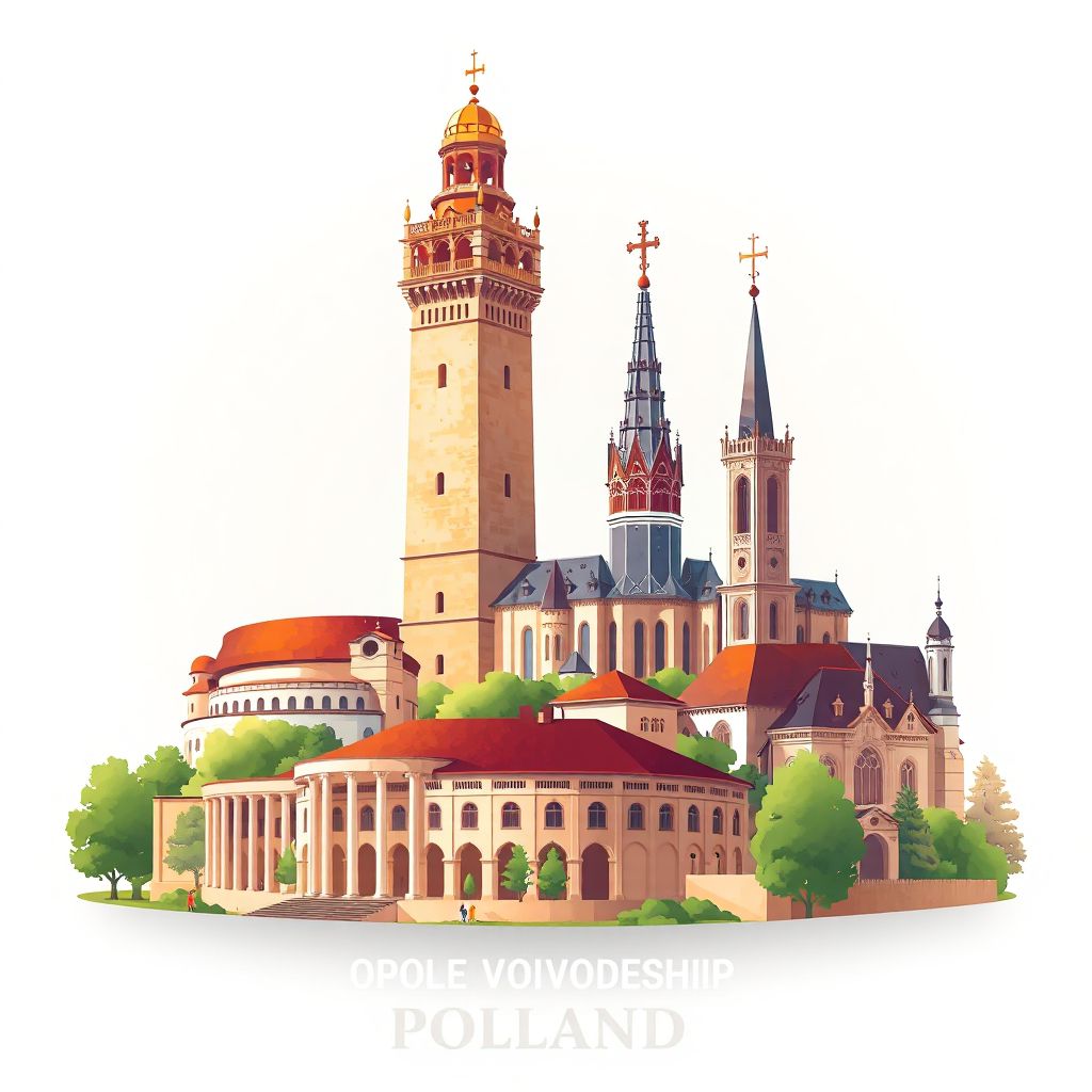 Ultra-high-definition gradient illustration style Opole Voivodeship illustration, showing the unique charm of the Piast Tower, the Opole Amphitheatre, and the Cathedral of the Holy Cross.