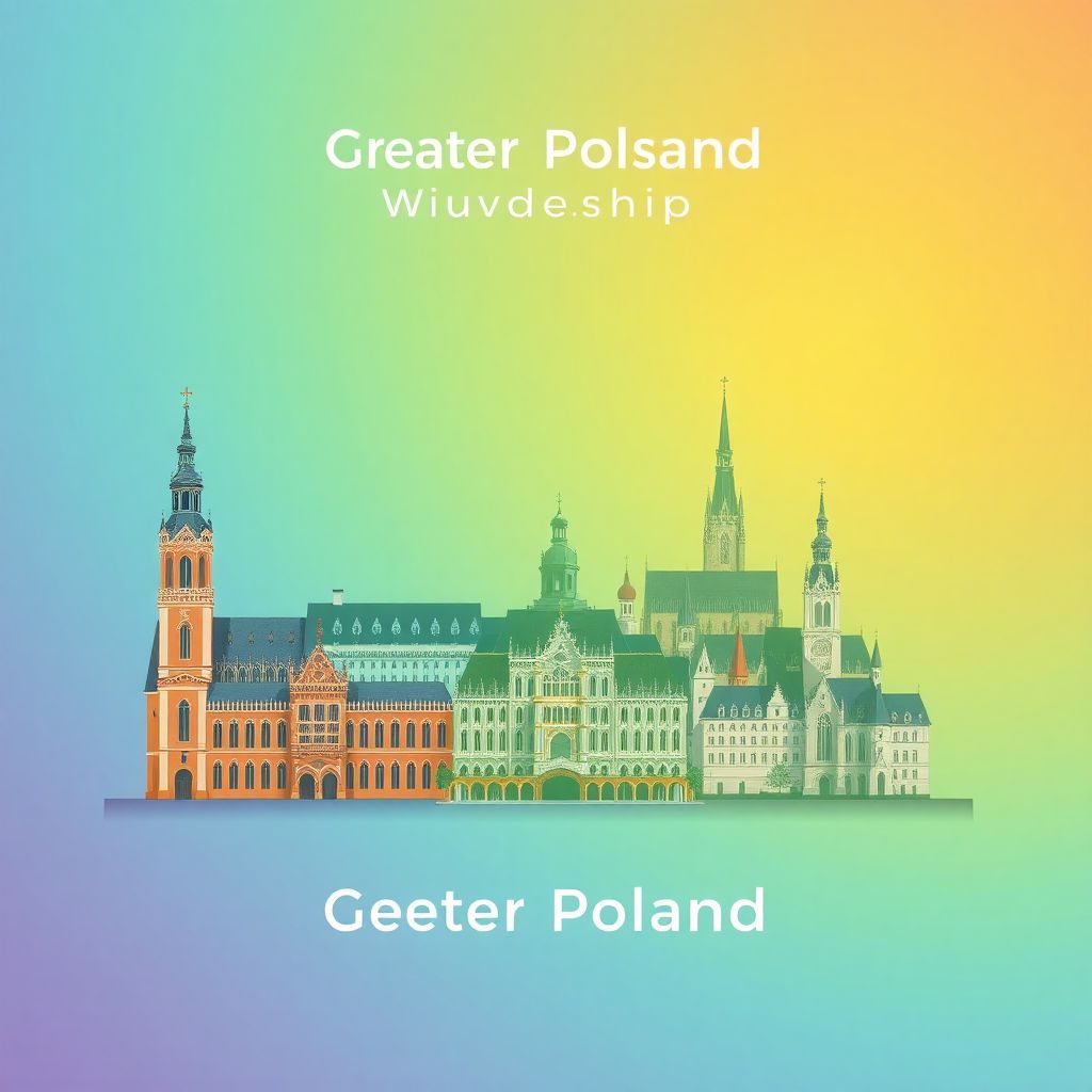Ultra-high-definition gradient illustration style Greater Poland Voivodeship illustration, showing the unique charm of Poznan Old Market Square, Rogalin Palace, and Gniezno Cathedral.