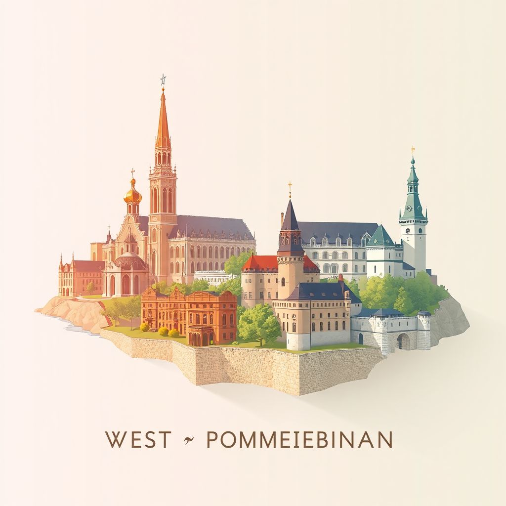 Ultra-high-definition gradient illustration style West Pomeranian Voivodeship illustration, showing the unique charm of the Szczecin Cathedral and the Pomeranian Dukes' Castle.