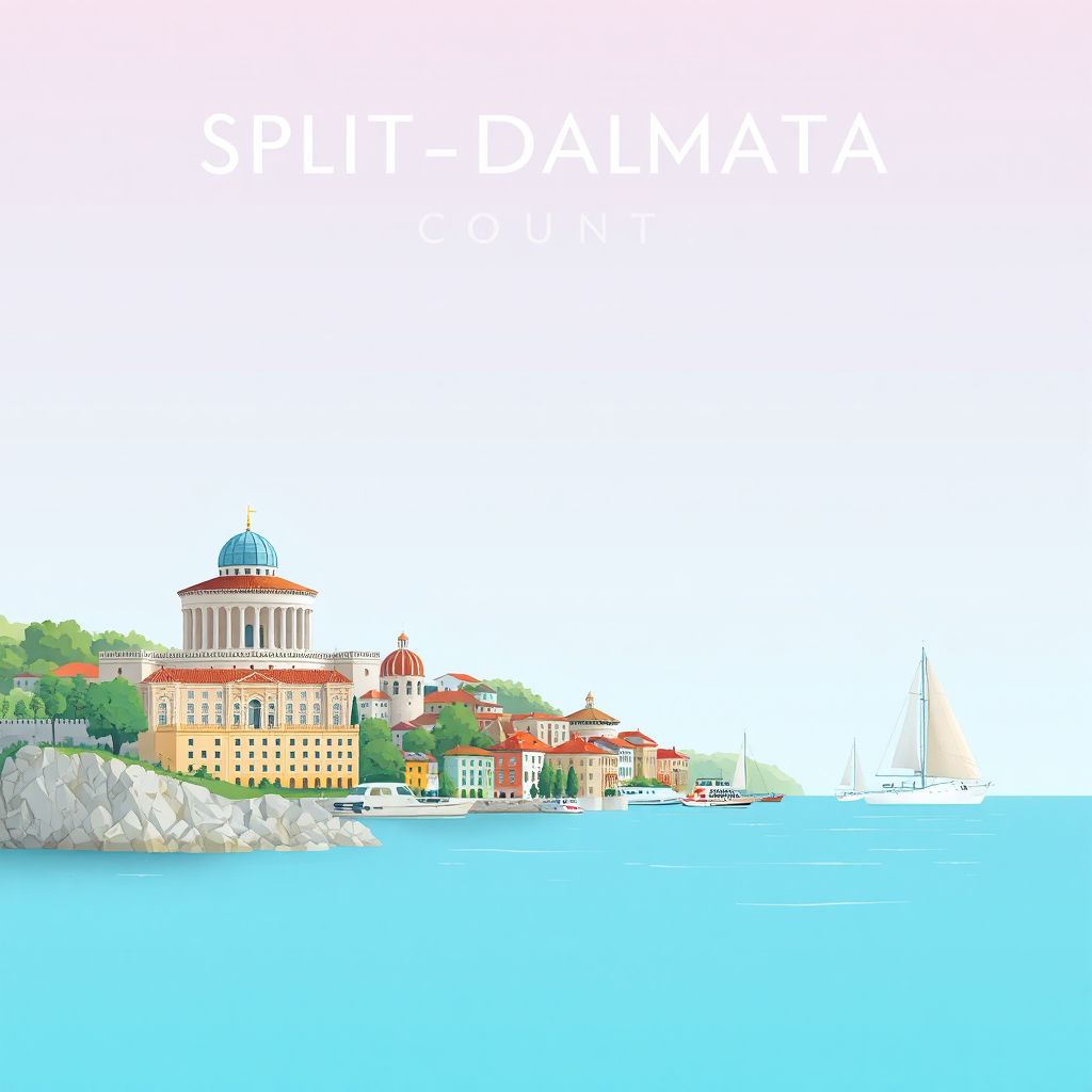 Ultra-high-definition gradient illustration style Split-Dalmatia County illustration, showing the unique charm of Diocletian's Palace and the historic city of Trogir.
