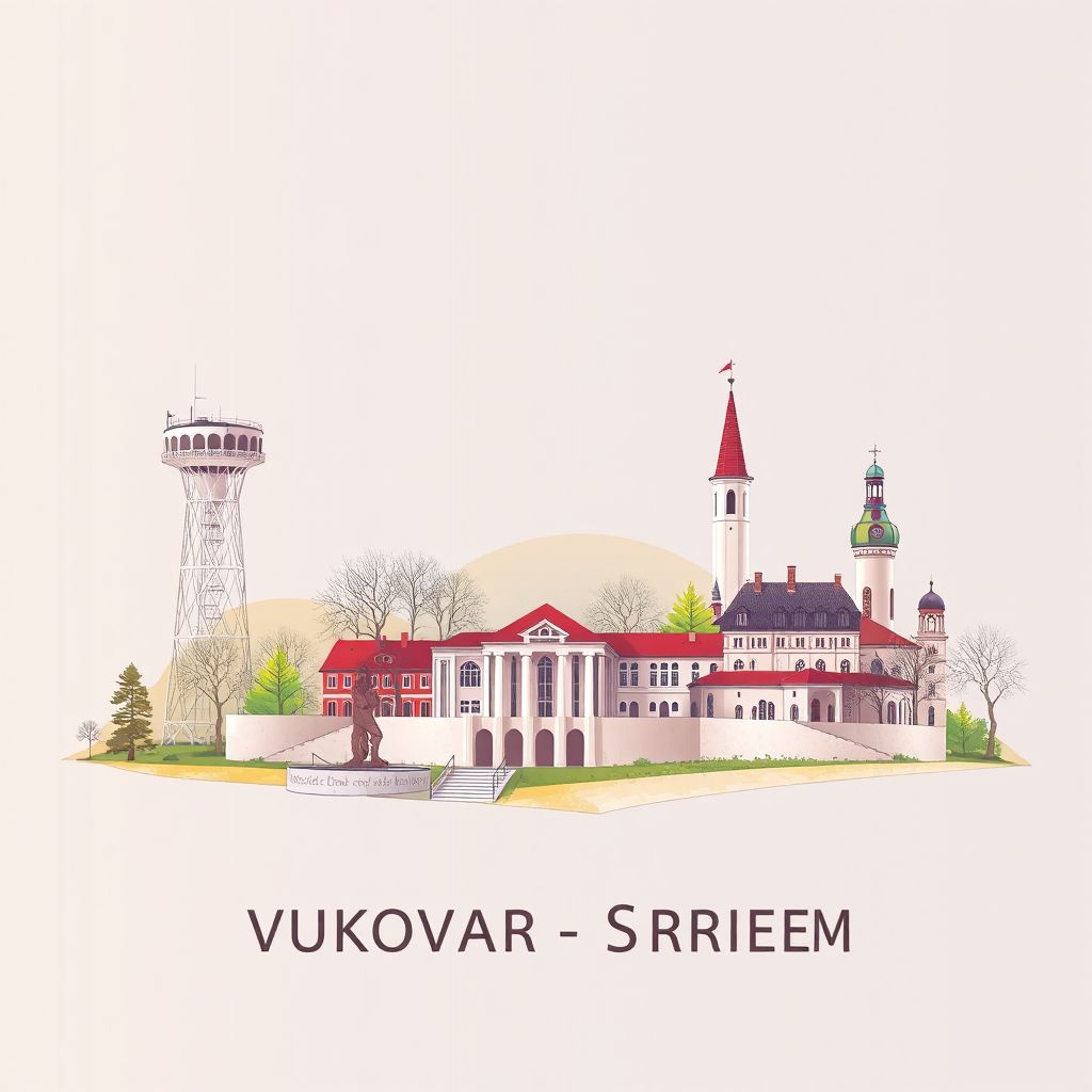Ultra-high-definition gradient illustration style Vukovar-Srijem County illustration, featuring the Vukovar Water Tower, the Memorial Center of the Homeland War, and Eltz Manor.