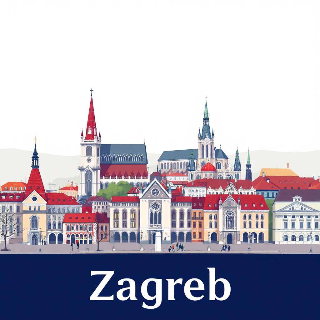 Ultra-high-definition gradient illustration style Zagreb illustration, showing the unique charm of St. Mark's Church, the Zagreb Cathedral, and Ban Jelačić Square.
