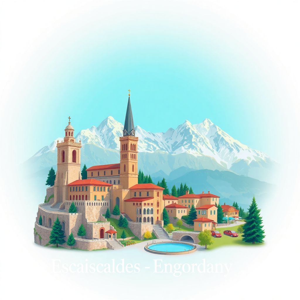 Ultra-high-definition gradient illustration of Escaldes-Engordany, Andorra, featuring Caldea Spa, Church of Sant Miquel d'Engolasters, and Pyrenees mountains.
