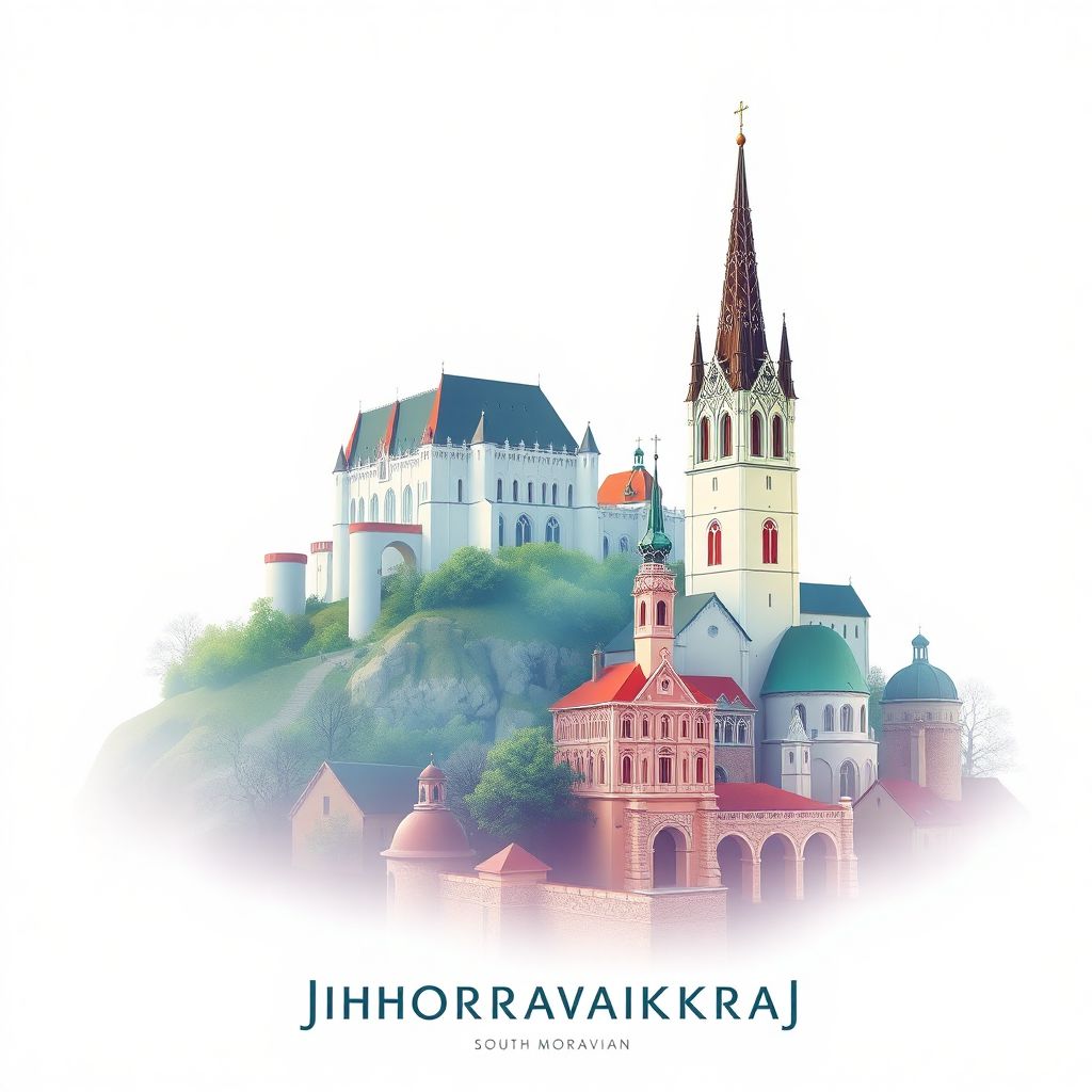 Ultra-high-definition gradient illustration of Jihomoravsky kraj, South Moravian, Czechia, featuring Spilberk Castle and St. Peter and Paul Cathedral.