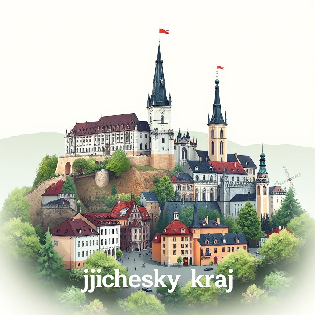 Ultra-high-definition gradient illustration style Jihocesky kraj illustration, showing the unique charm of Hluboka Castle, Ceske Budejovice Town Hall, and Tabor Old Town Square.