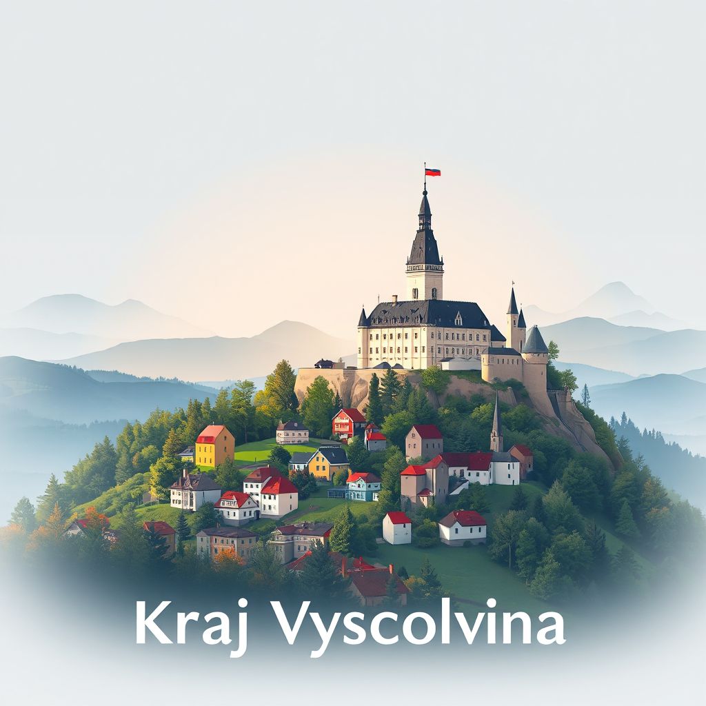 Ultra-high-definition gradient illustration style Kraj Vysocina illustration, showing the unique charm of the historic town of Telc, the castle of Pernstejn, and the Bohemian-Moravian Highlands.