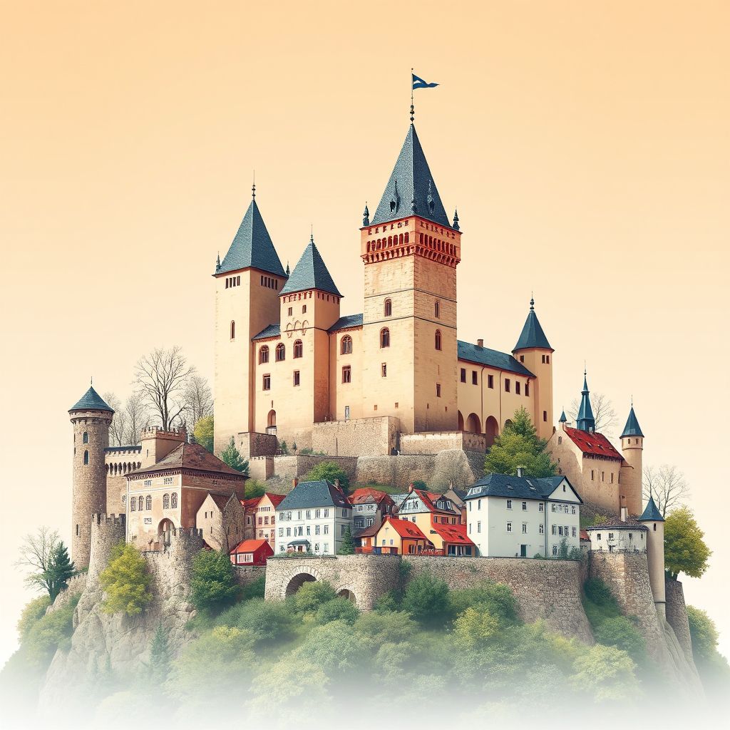 Ultra-high-definition gradient illustration of Kralovehradecky kraj, Czechia, featuring Kost Castle and the historic town of Jaroměř.
