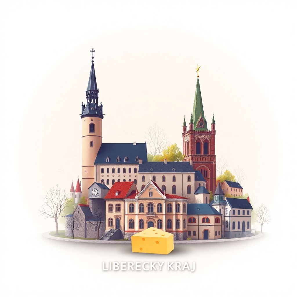 Ultra-high-definition gradient illustration of Liberecky kraj, featuring the Ještěd Tower, Liberec Town Hall, and Liberec cheese.