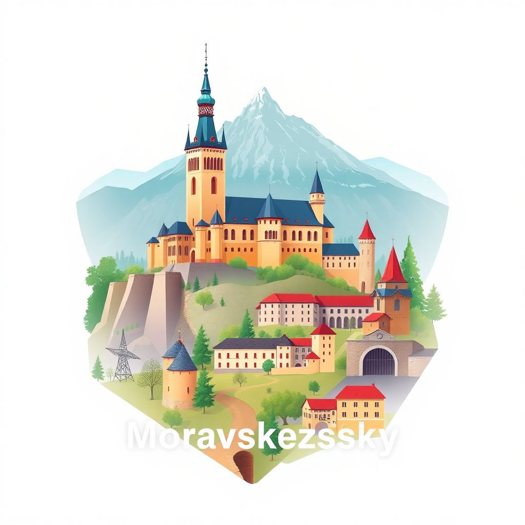 Ultra-high-definition gradient illustration style Moravskoslezsky kraj illustration, showing the unique charm of the Silesian Ostrava Castle, the Beskydy Mountains, and Karvina Mine.