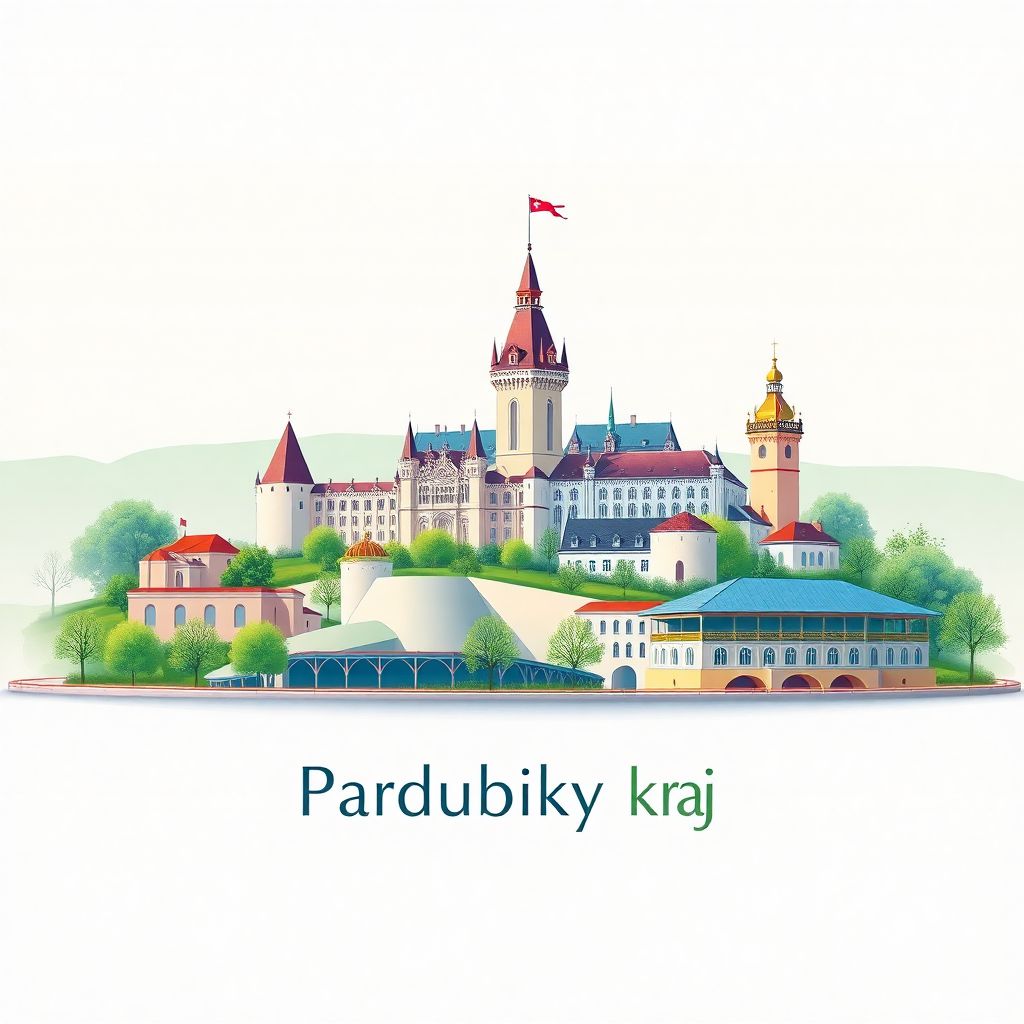 Ultra-high-definition gradient illustration style of Pardubicky kraj, featuring Pardubice Castle and the Pardubice Racecourse.