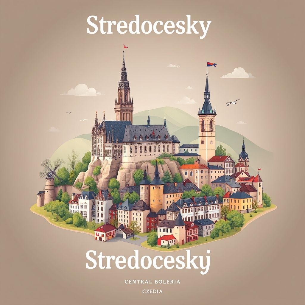 Ultra-high-definition gradient illustration of Stredocesky kraj, Central Bohemia, Czechia, featuring Kutna Hora, Karlstejn Castle, and traditional Czech cuisine.