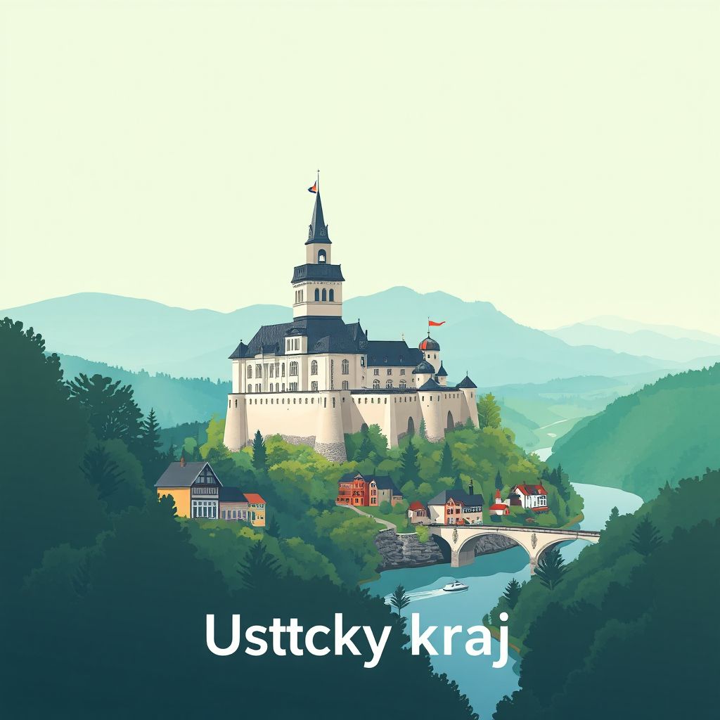 Ultra-high-definition gradient illustration style Ustecky kraj illustration, showing the unique charm of Strekov Castle, the Labe River, and Bohemian Switzerland National Park.
