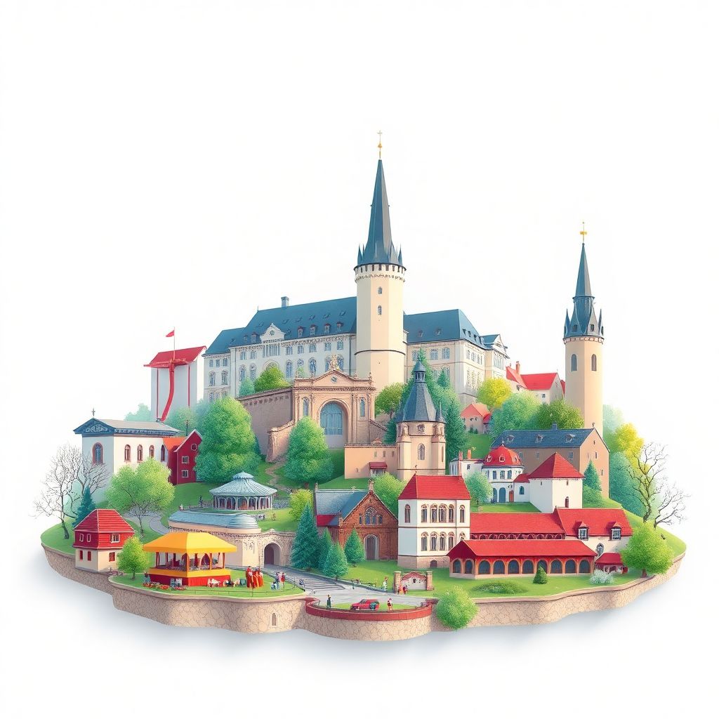 Ultra-high-definition gradient illustration style Zlinsky kraj illustration, showing the unique charm of the Zlin Castle, the Zlin Zoo, and the Film Festival for Children and Youth.