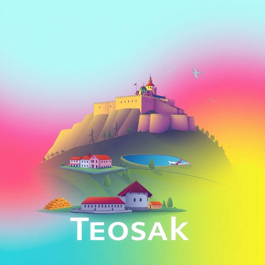 Ultra-high-definition gradient illustration of Teočak, featuring the Teočak Fortress, Lake Modrac, and ćevapi.