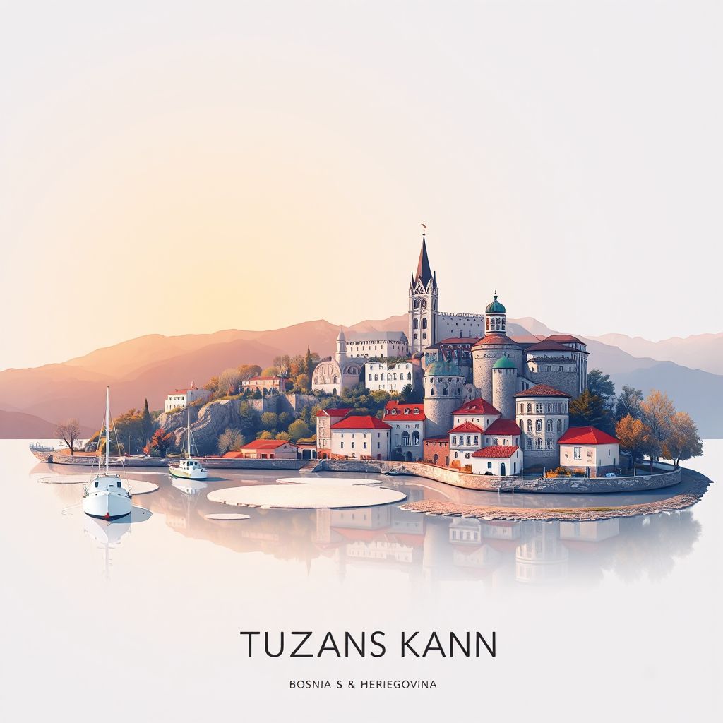 Ultra-high-definition gradient illustration style Tuzlanski Kanton illustration, showing the unique charm of the Tuzla Salt Lakes and the historic Old Town of Tuzla.