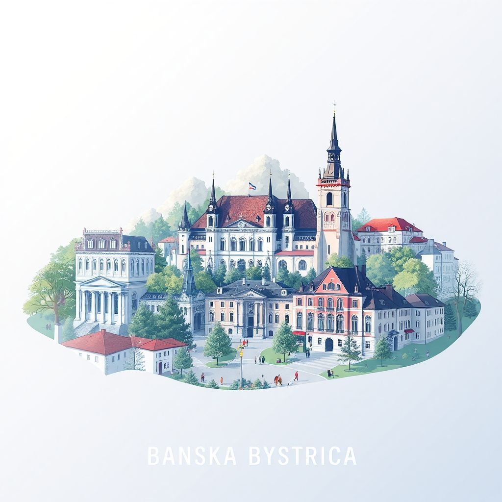 Ultra-high-definition gradient illustration of Banska Bystrica, featuring the SNP Museum, historic town square, and Bryndzové Halušky.