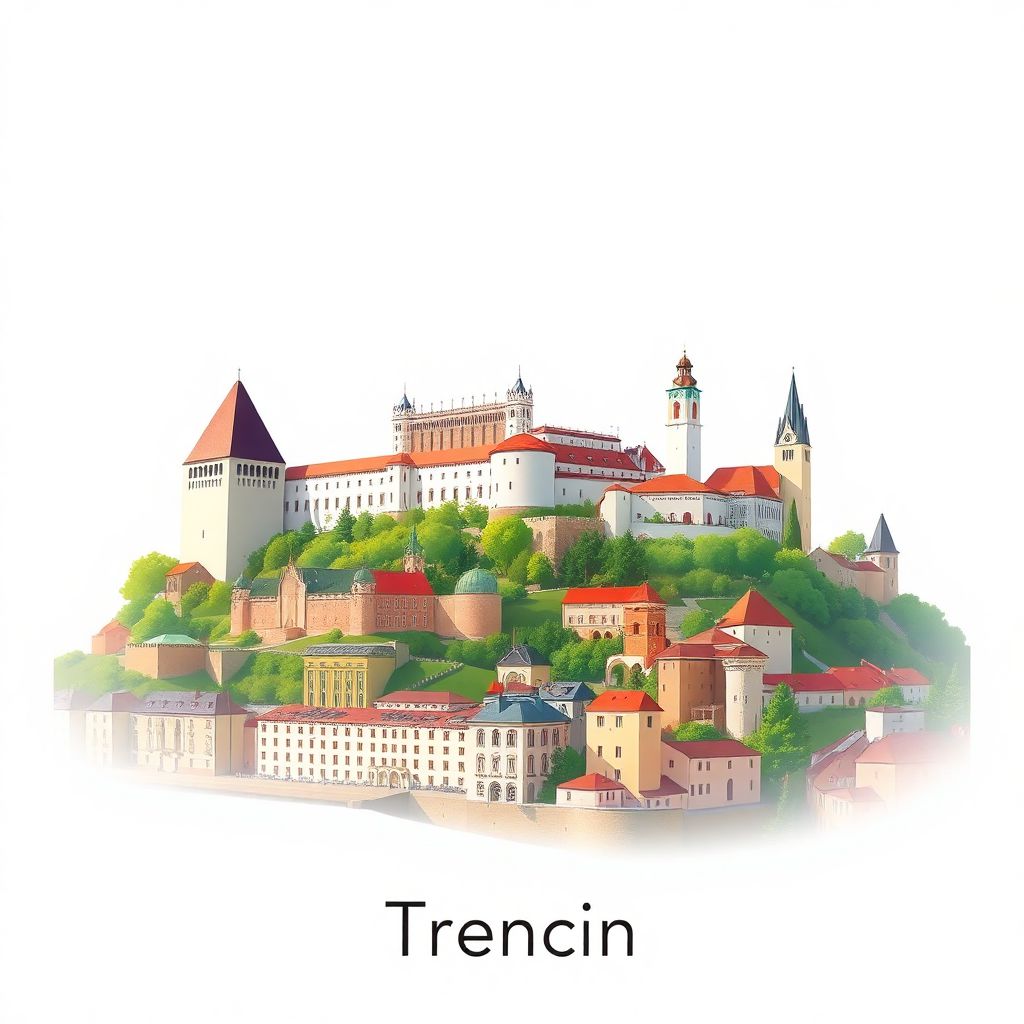 Ultra-high-definition gradient illustration of Trencin, Slovakia, featuring Trencin Castle and the historic town center.
