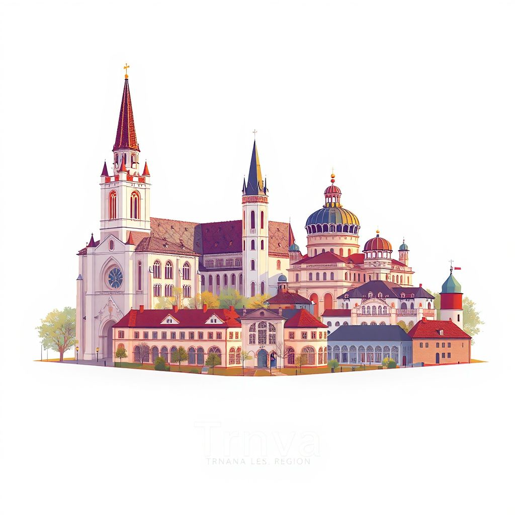 Ultra-high-definition gradient illustration style Trnava illustration, showing the unique charm of St. John the Baptist Cathedral, the City Tower, and the Trnava Synagogue.