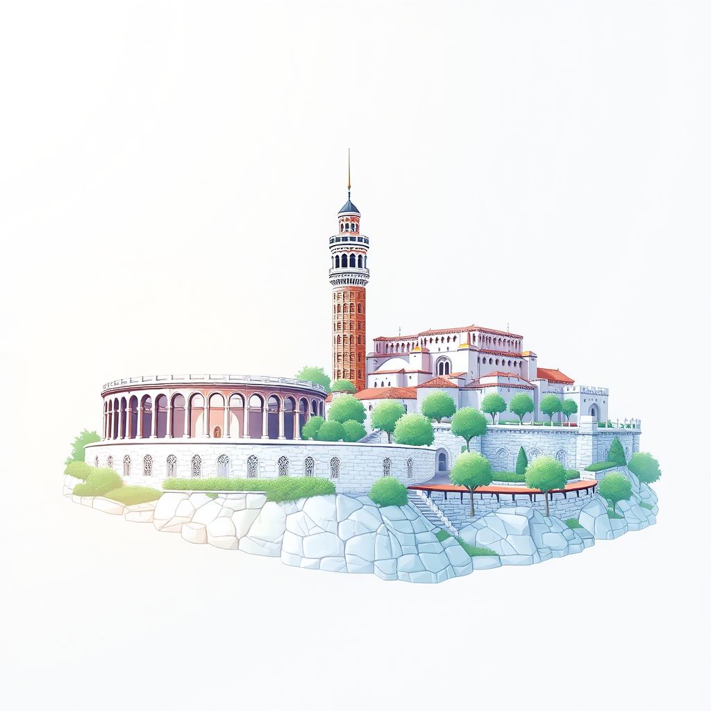 Ultra-high-definition gradient illustration style Durres County illustration, showing the unique charm of the Durres Amphitheatre, the Venetian Tower, and the Durres Castle.