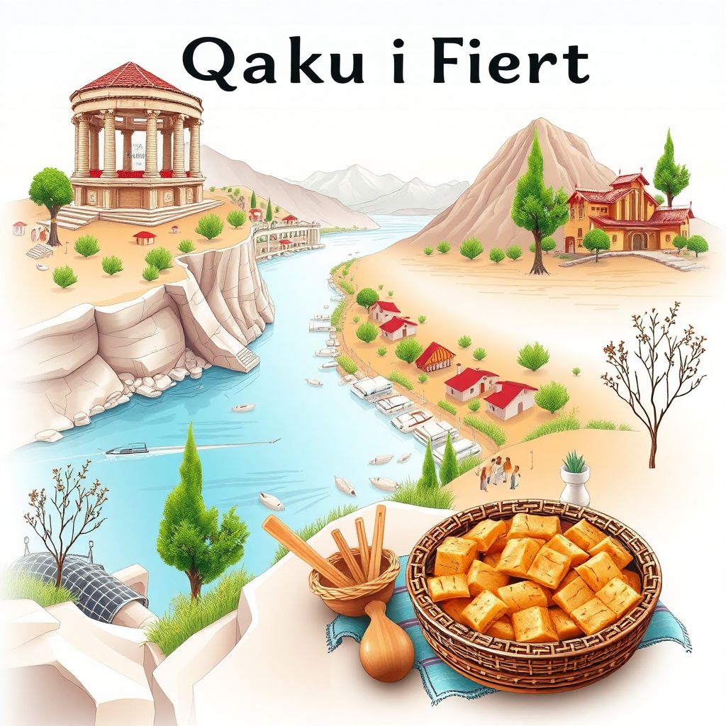 Ultra-high-definition gradient illustration of Qarku i Fierit, Fier County, Albania, featuring Apollonia Archaeological Park, Seman River, and tavë kosi.