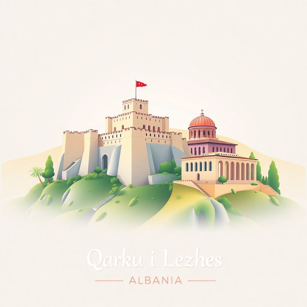 Ultra-high-definition gradient illustration style Qarku i Lezhes illustration, showing the unique charm of the Lezha Castle and the Skanderbeg Mausoleum.