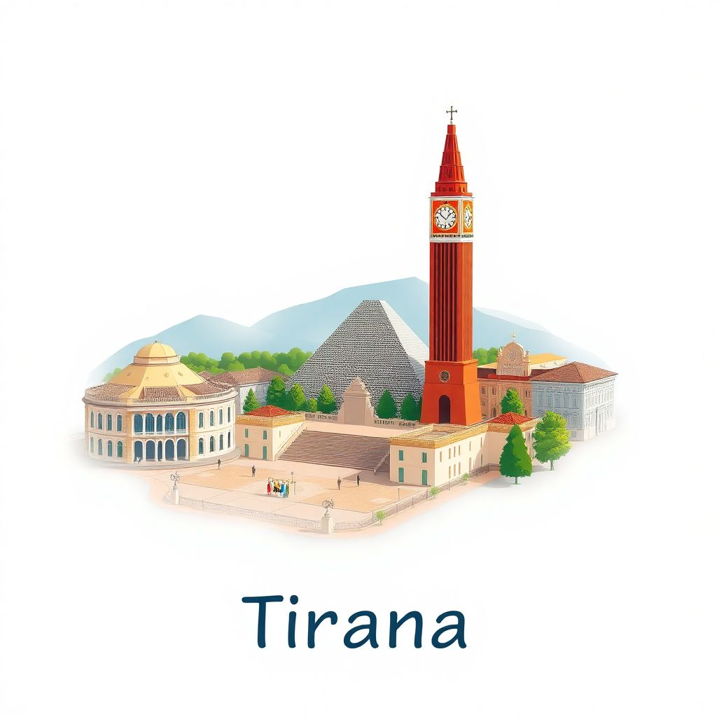 Ultra-high-definition gradient illustration style Tirana illustration, showing the unique charm of Skanderbeg Square, the Pyramid of Tirana, and the Clock Tower.