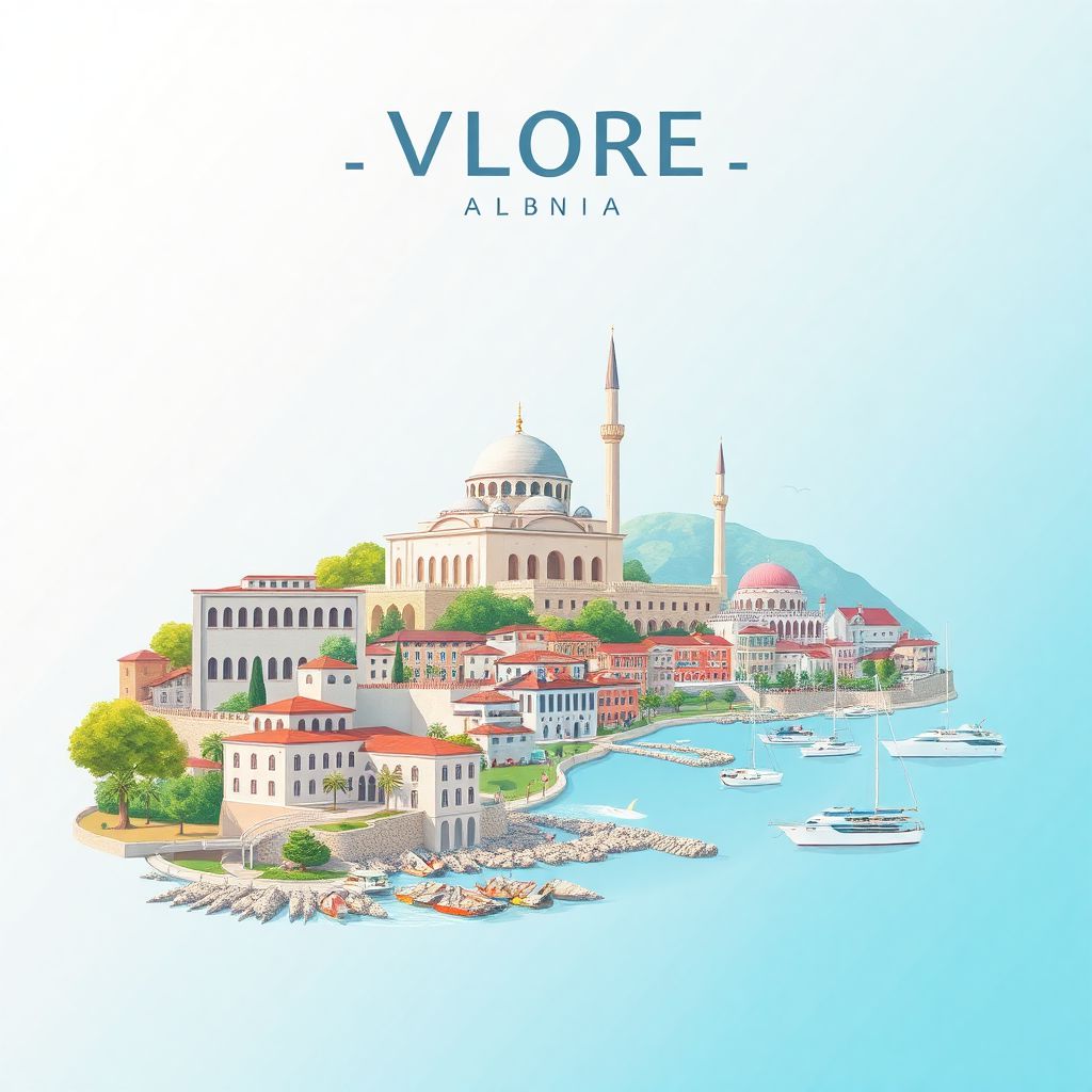 Ultra-high-definition gradient illustration style Vlore County illustration, showing the unique charm of the Muradie Mosque, the Kanine Castle, and the Albanian Riviera beaches.