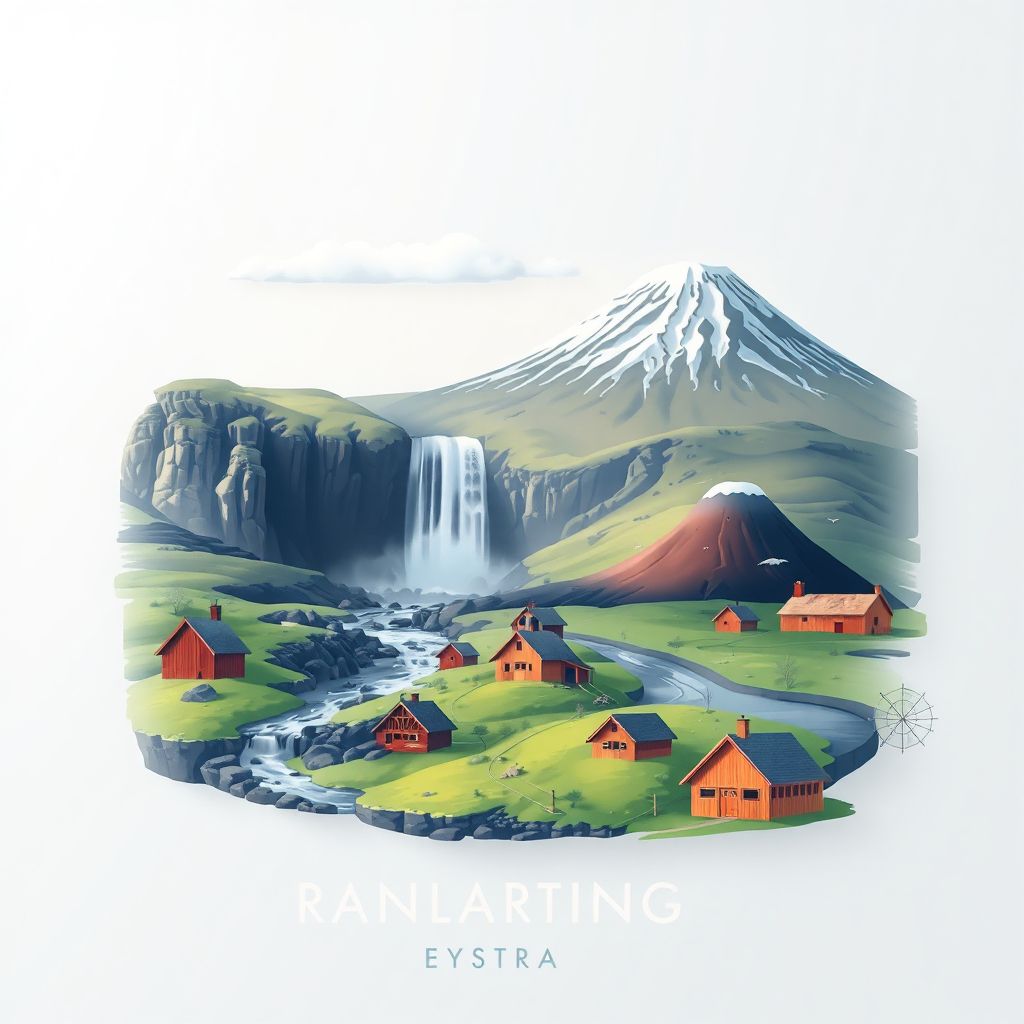 Ultra-high-definition gradient illustration of Rangarthing Eystra, South, Iceland, featuring Skógafoss waterfall and Eyjafjallajökull volcano.