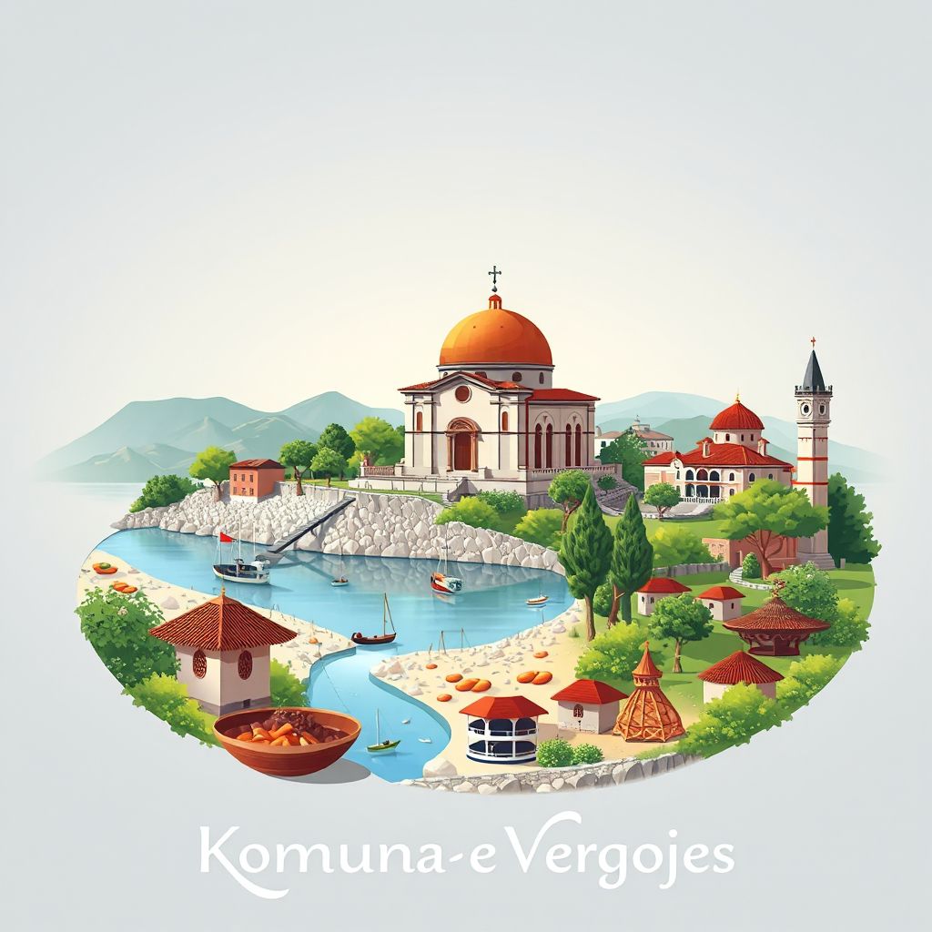 Ultra-high-definition gradient illustration of Komuna e Vergojes, featuring the Church of Saint Anthony and the Narta Lagoon.