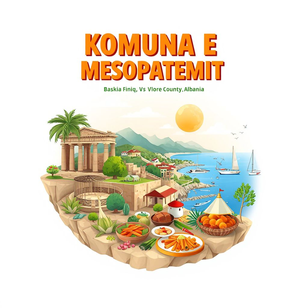 Ultra-high-definition gradient illustration style Komuna e Mesopotamit illustration, showing the unique charm of the ancient ruins of Mesopotamit, the beautiful coastal views.