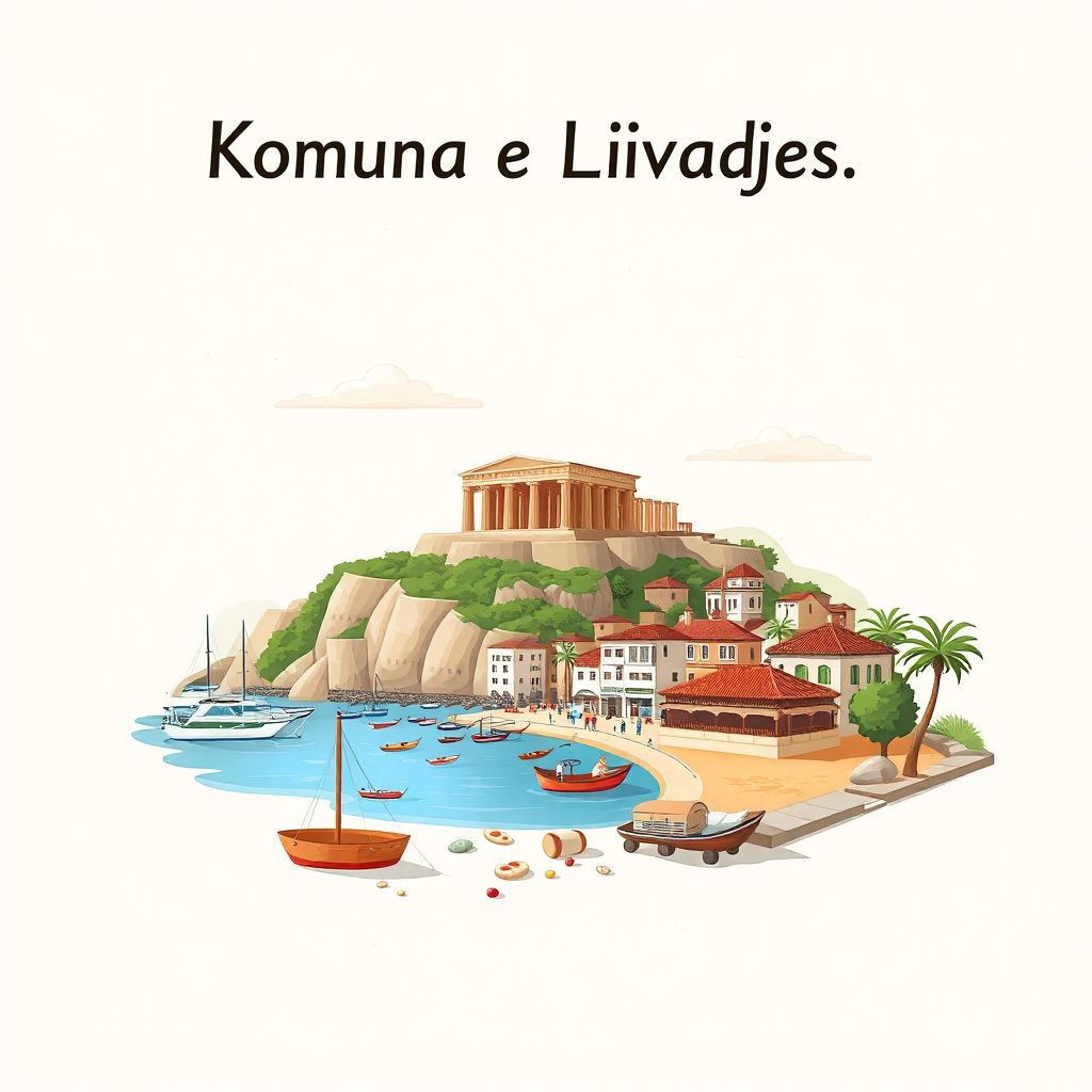 Ultra-high-definition gradient illustration style Komuna e Livadhjes illustration, showing the unique charm of the ancient ruins of Finiq, the beautiful beaches of Livadh, and Tavë Kosi.