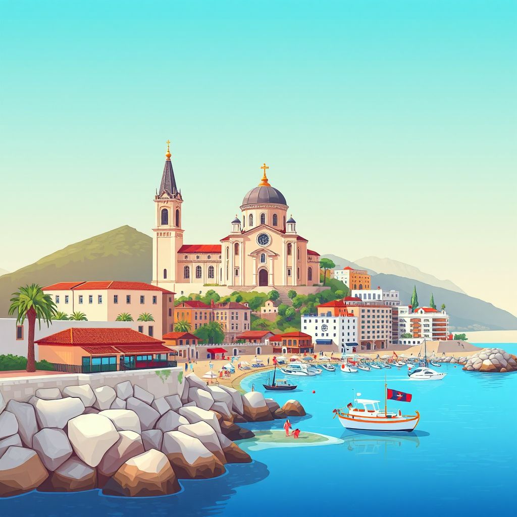 Ultra-high-definition gradient illustration style Bashkia e Konispolit illustration, showing the unique charm of the Church of Saint Nicholas, the beautiful beaches of Konispol.