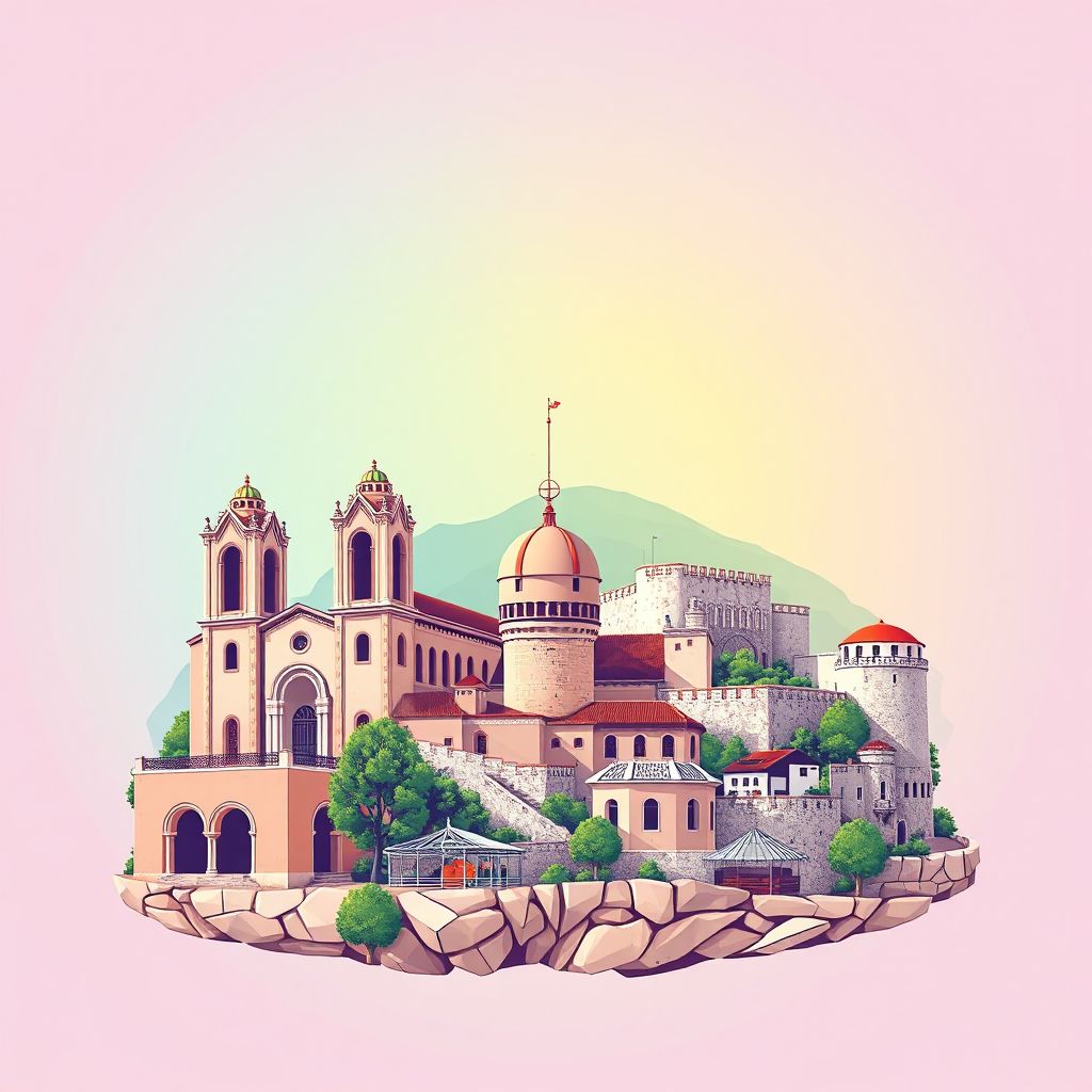 Ultra-high-definition gradient illustration style Bashkia e Delvines illustration, showing the unique charm of the Church of Saint Anthony and Delvine Castle.