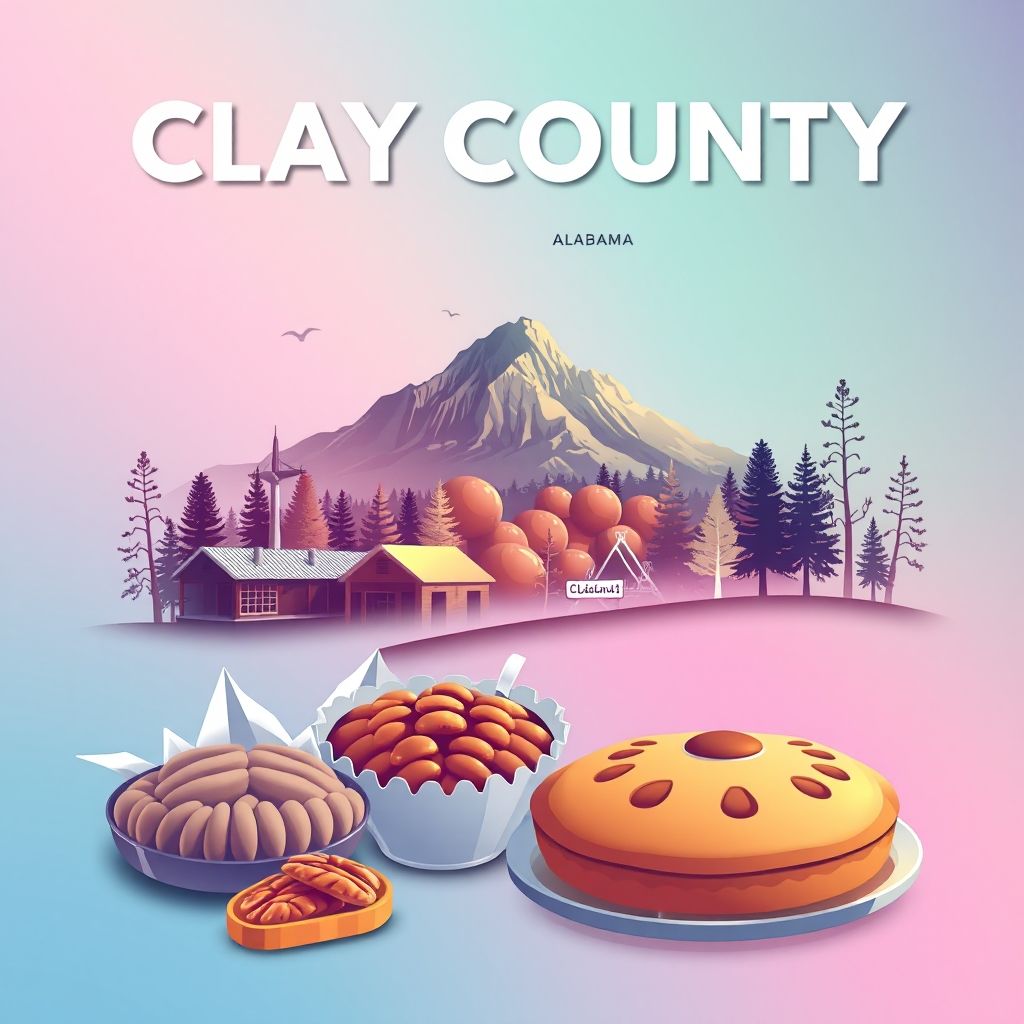 Ultra-high-definition gradient illustration of Clay County, Alabama, featuring Cheaha Mountain, Talladega National Forest, barbecue, and pecan pie.