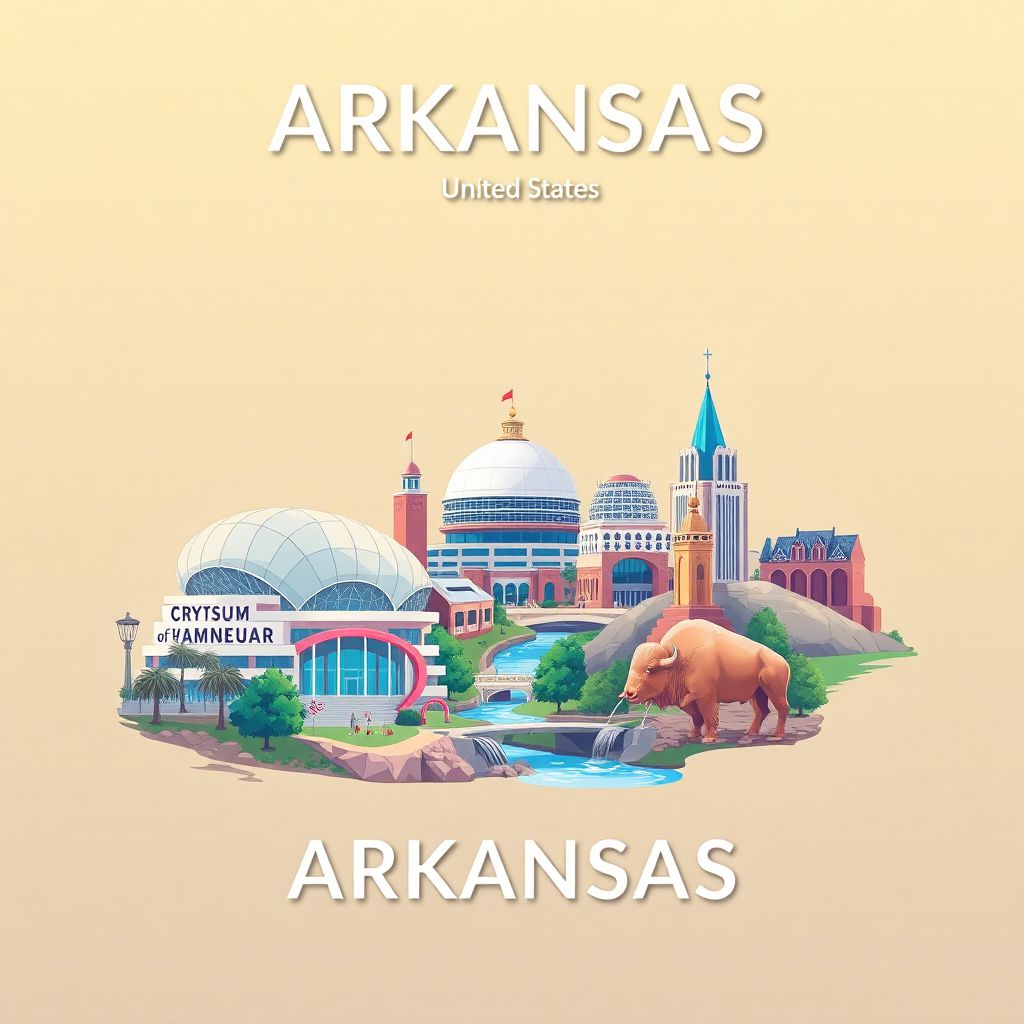 Ultra-high-definition gradient illustration style Arkansas illustration, showing the unique charm of the Crystal Bridges Museum of American Art, the Buffalo National River, and the Hot Springs National Park.