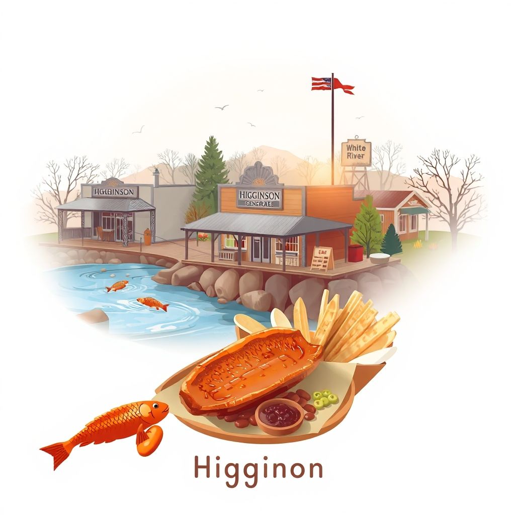 Ultra-high-definition gradient illustration of Higginson, Arkansas, featuring the Higginson General Store, White River, catfish, and barbecue.