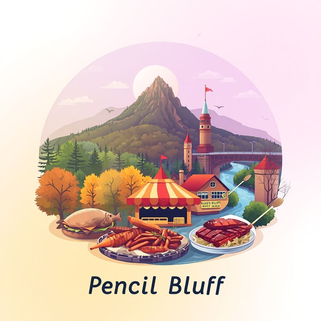 High-definition gradient illustration of Pencil Bluff, featuring Ouachita National Forest, Caddo River, catfish, and barbecue.