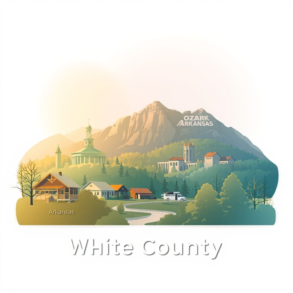 Ultra-high-definition gradient illustration of White County, Arkansas, featuring the Ozark Folk Center, Blanchard Springs Caverns, and natural landscapes with local food.