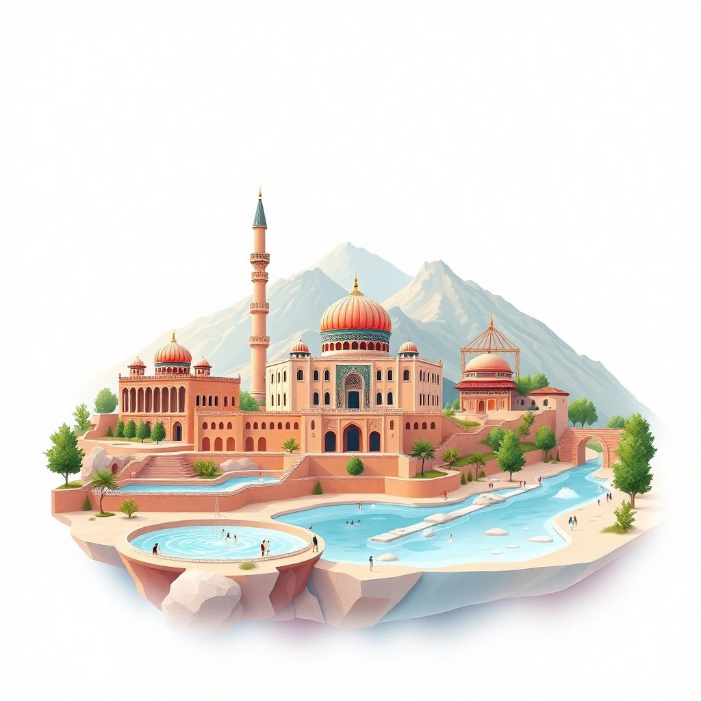 Ultra-high-definition gradient illustration style Ardabil Province illustration, showing the unique charm of the Sheikh Safi al-Din Khanegah and Shrine Ensemble, the Sarein hot springs, and Sabalan Mountain.